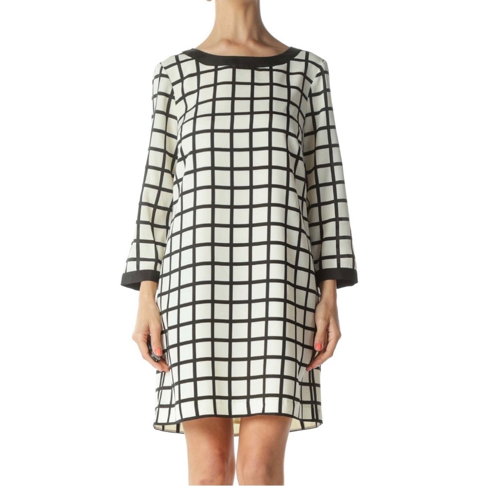 J Crew Black Off White Windowpane Plaid Printed 3/4 Sleeve Shift Dress NWT!